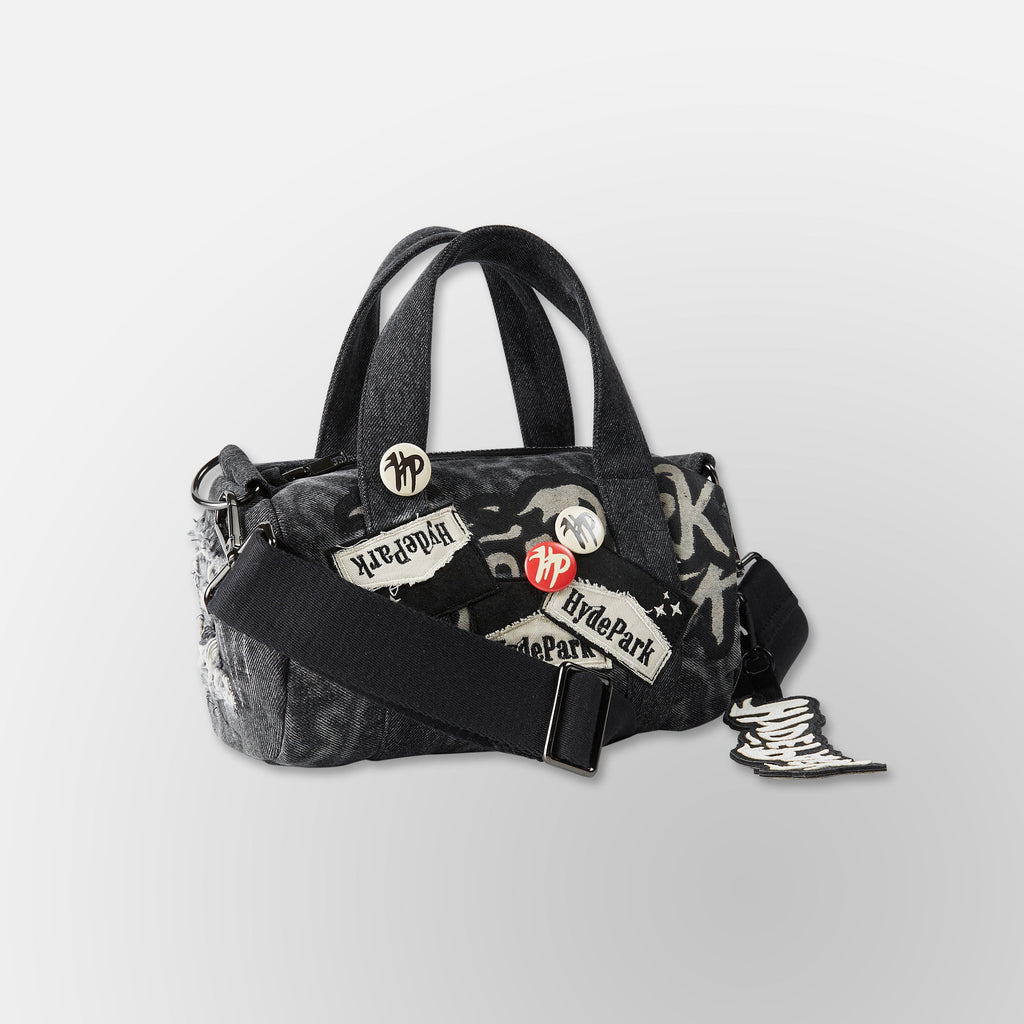 Up-Cycled, Written Up- Denim Mini Duffle Bag- Black