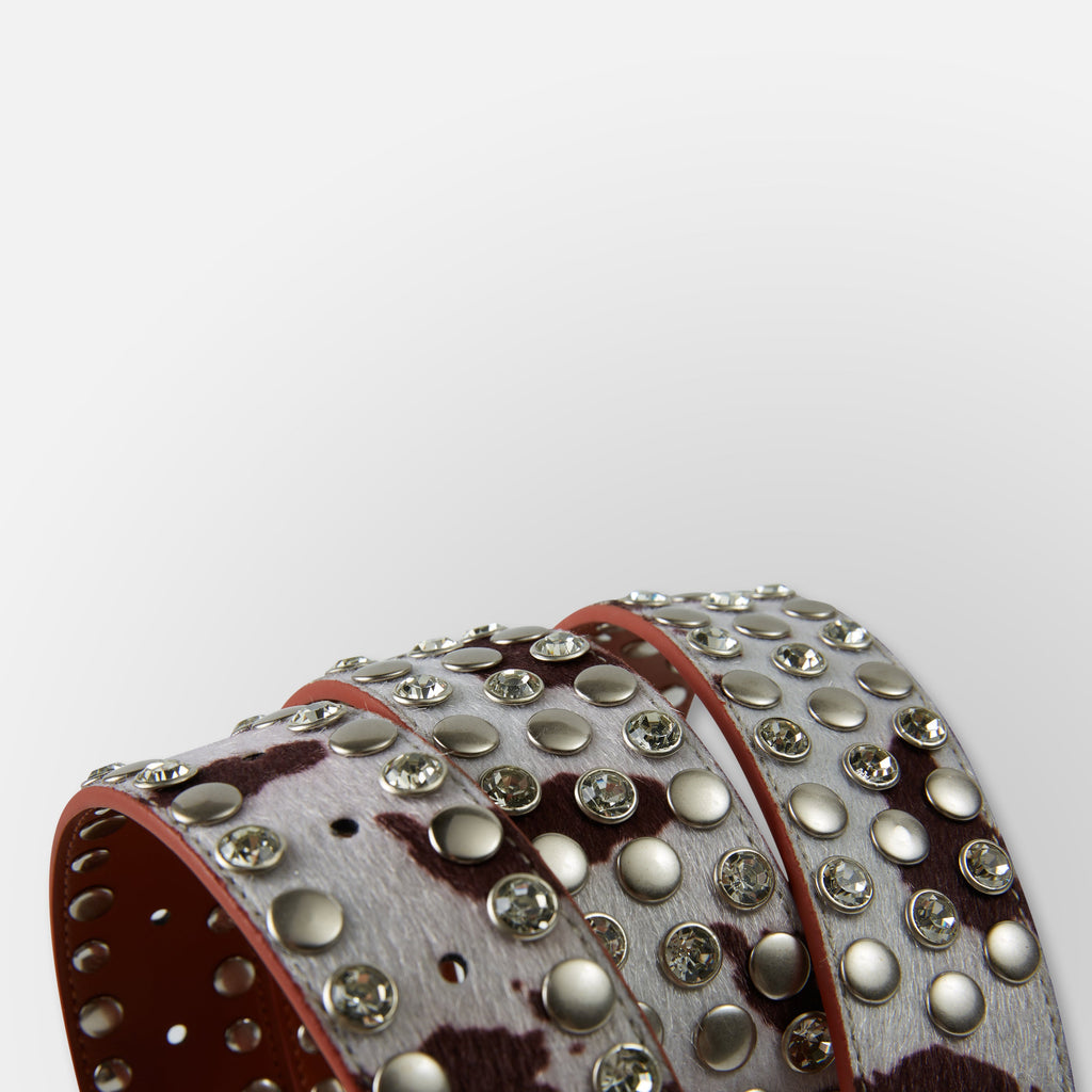 Cow Print Skull Belt  - Cream Brown