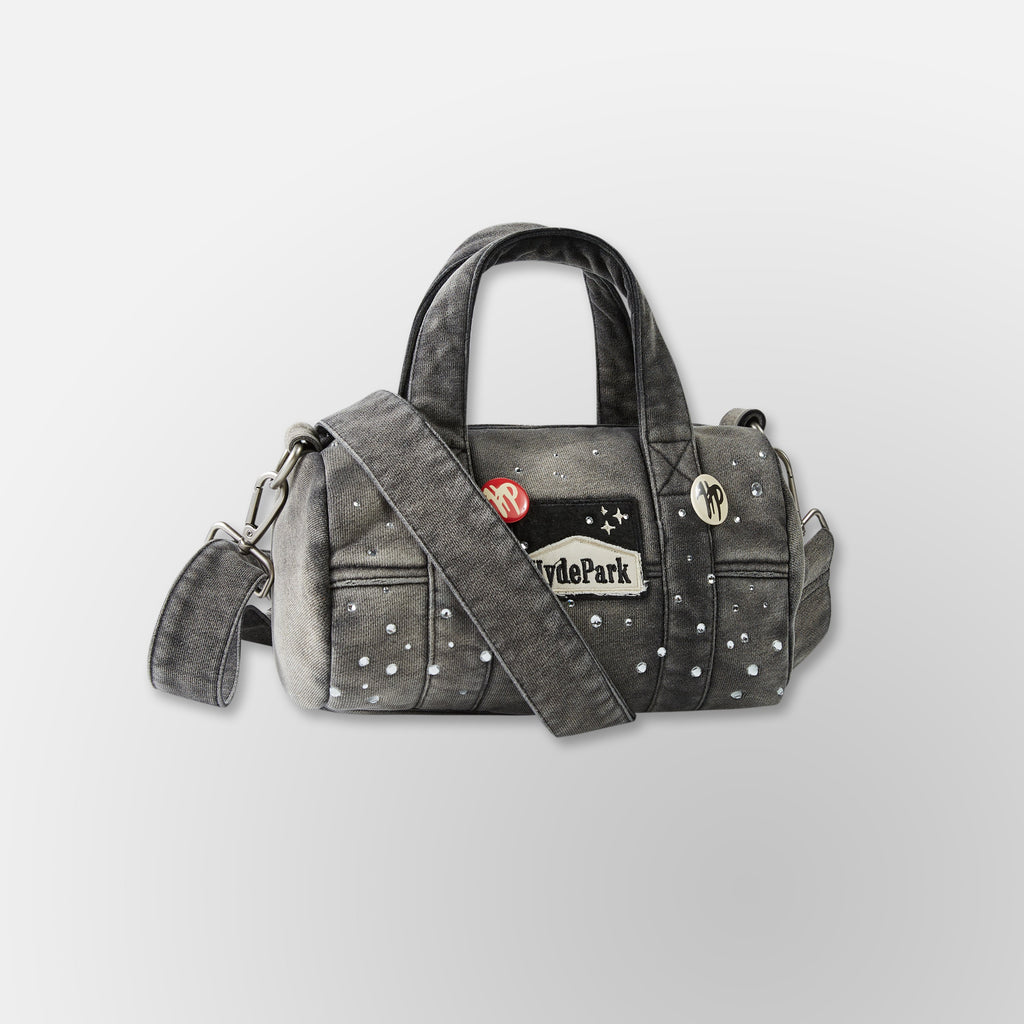 Studded Denim Mini Duffel Bag - Black