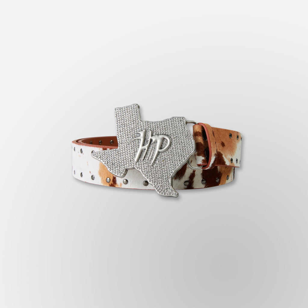 Genuine Cow Print Texas HP Belt - Cream Brown