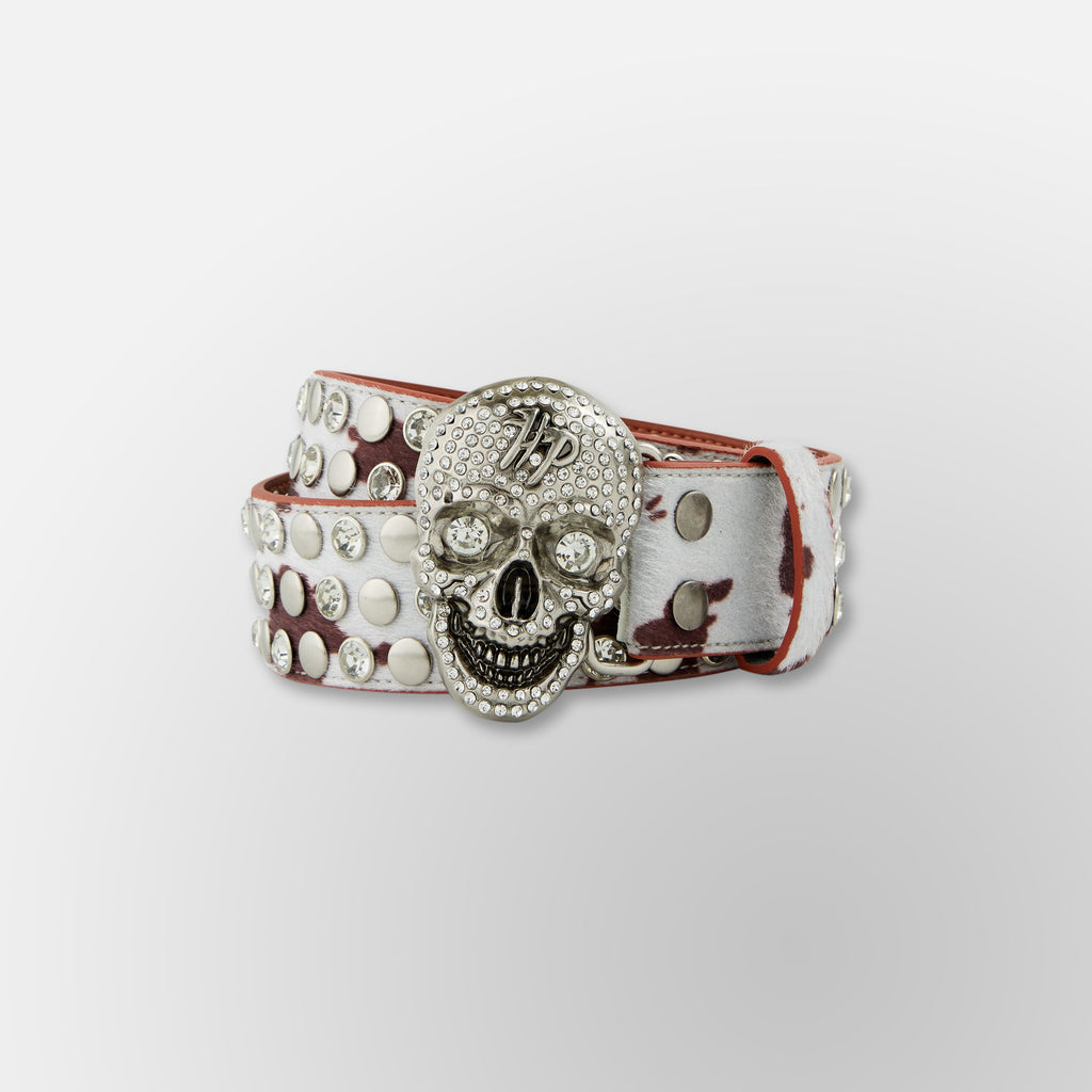 Cow Print Skull Belt  - Cream Brown