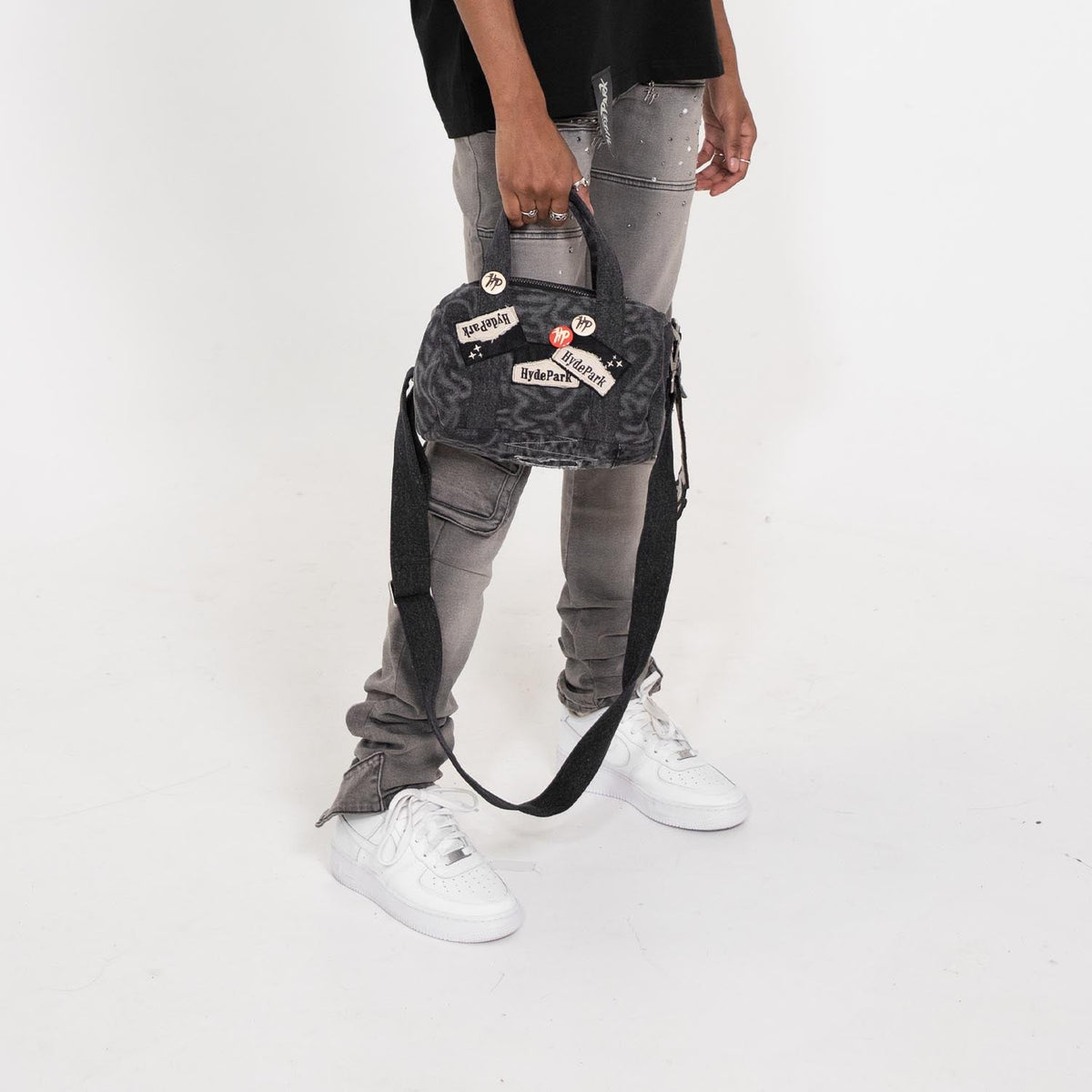 Up-Cycled, Written Up- Denim Mini Duffle Bag- Black