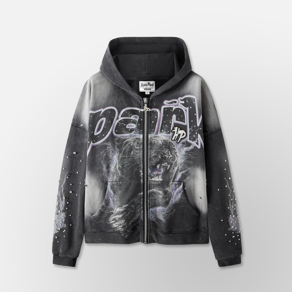 Electric Panther- Throw Back- Full ZIP Hoodie- Black