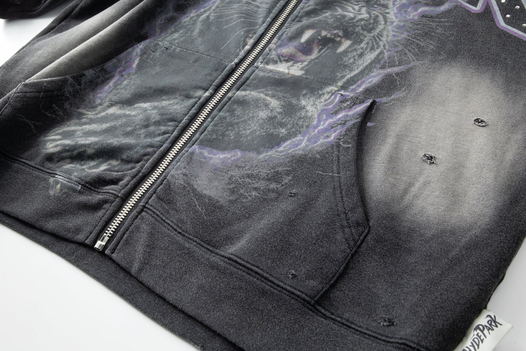 Electric Panther- Throw Back- Full ZIP Hoodie- Black